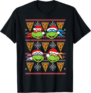 Xmas Ugly Sweater Design Tmnt Heads And Pizza T-Shirt - T-Shirt | Black