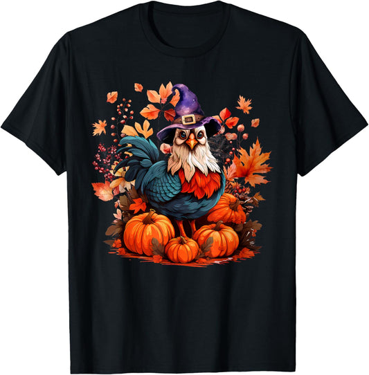 Cottagecore Chicken Witch Hat Pumpkin Fall Farmer Halloween T-Shirt - T-Shirt | Black