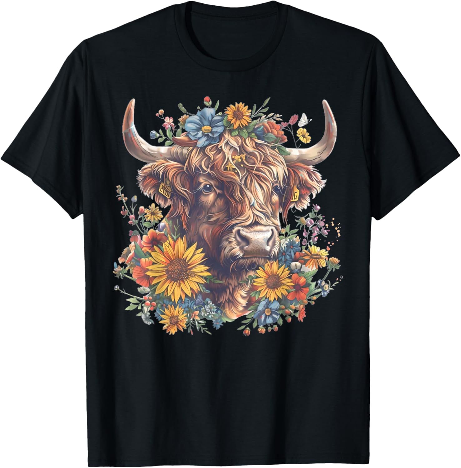 Cute Highland Cow With Sunflowers Funny Calf Animal Farm T-Shirt - T-Shirt | Black