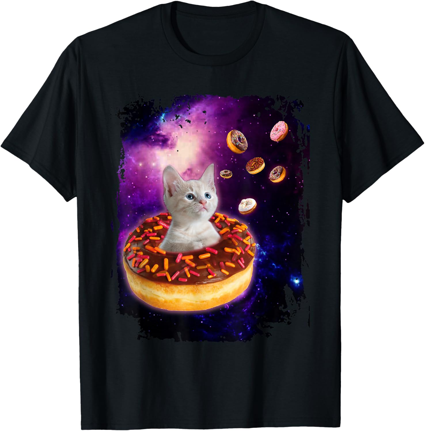 Cute Cat Inside Donut in Space Boys Girl - Kitty in Space T-Shirt - T-Shirt | Black