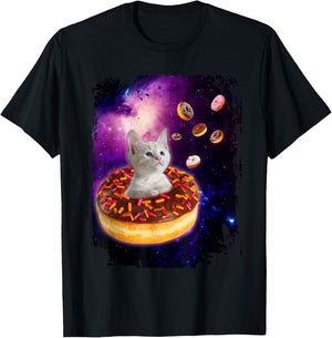 Cute Cat Inside Donut in Space Boys Girl - Kitty in Space T-Shirt - T-Shirt | Black