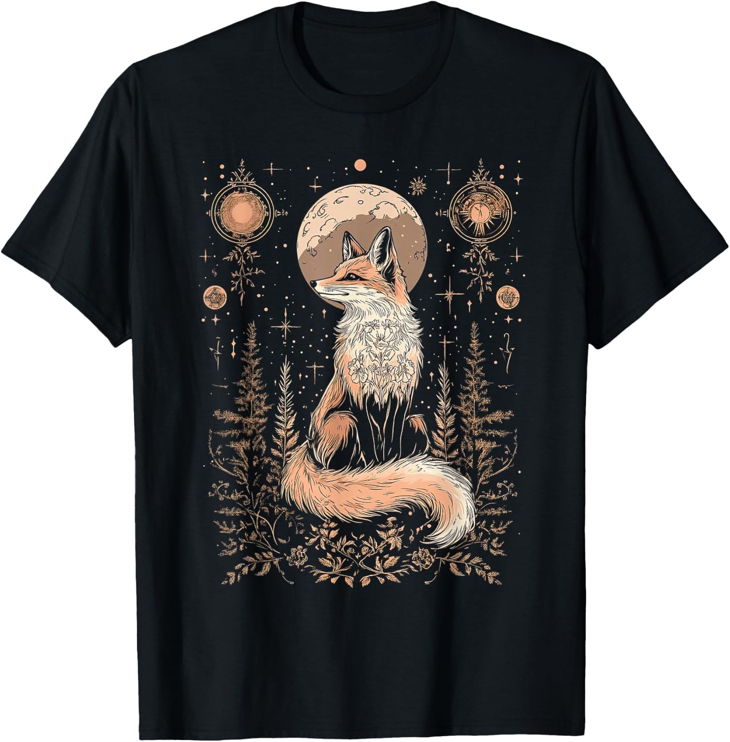 Mystic Moon and Moonphase Fox Mystical Flowers Aesthetic T-Shirt - T-Shirt | Black