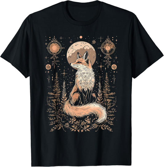 Mystic Moon and Moonphase Fox Mystical Flowers Aesthetic T-Shirt - T-Shirt | Black