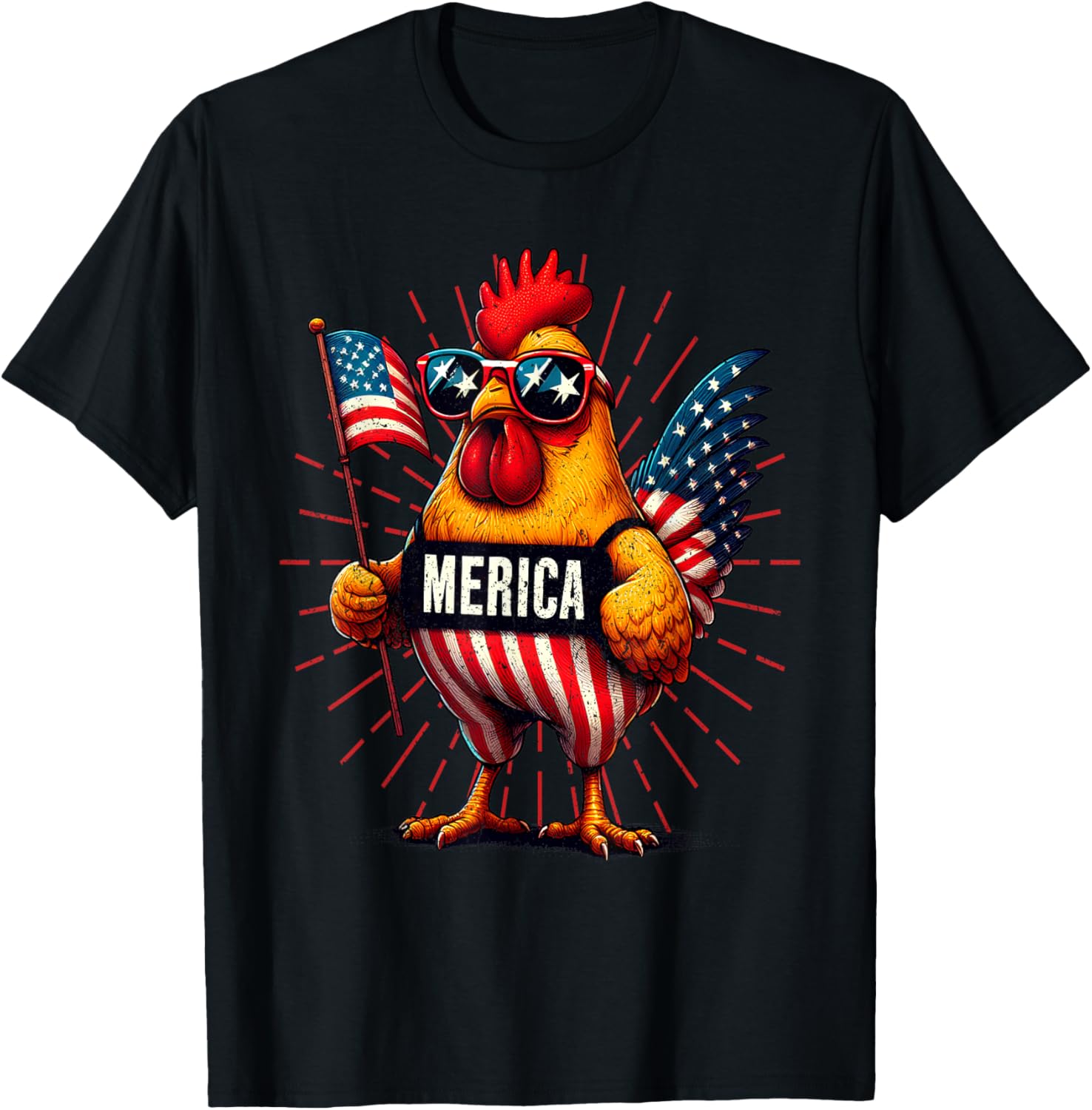 Merica Chicken Rooster 4th of July Patriotic American Flag T-Shirt - T-Shirt | Black