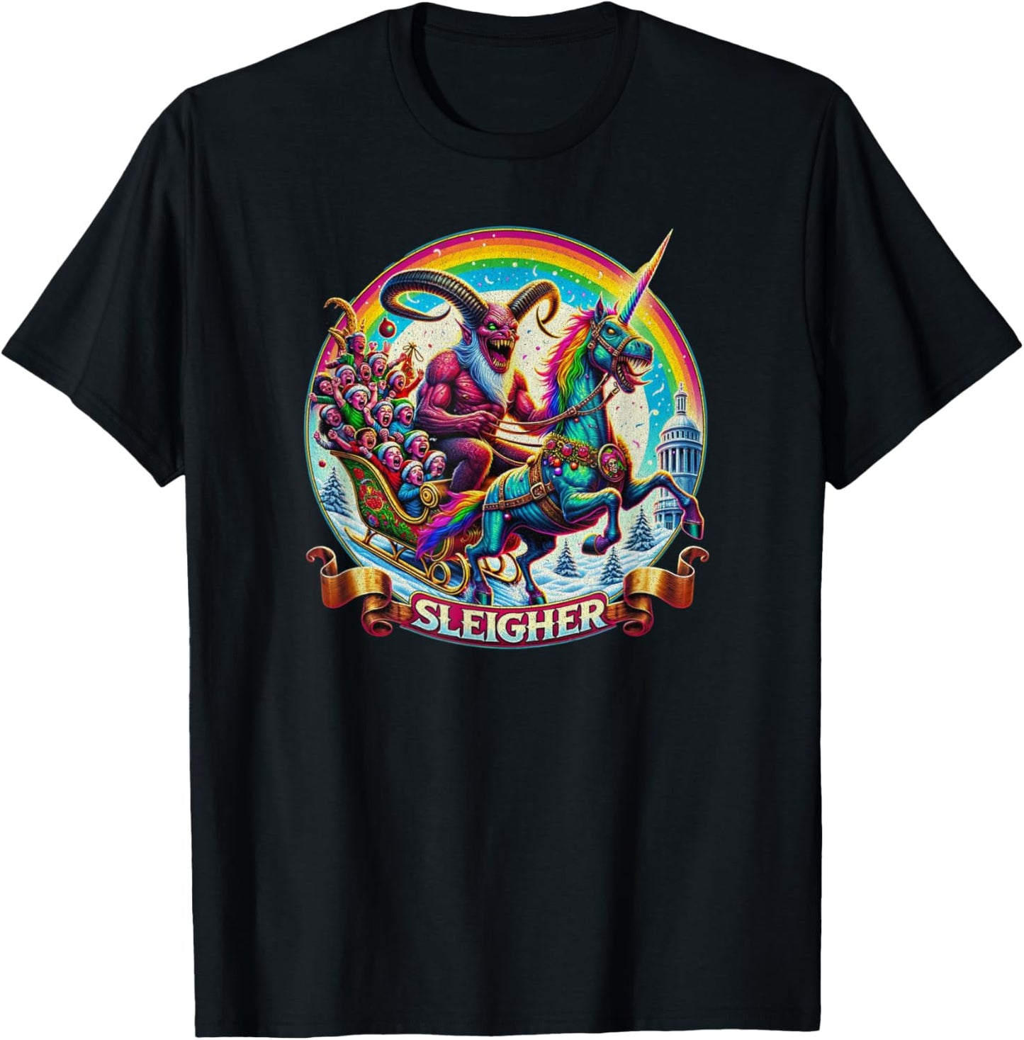 Sleigher Krampus Unicorn Demon Horror Christmas Gothic T-Shirt - T-Shirt | Black