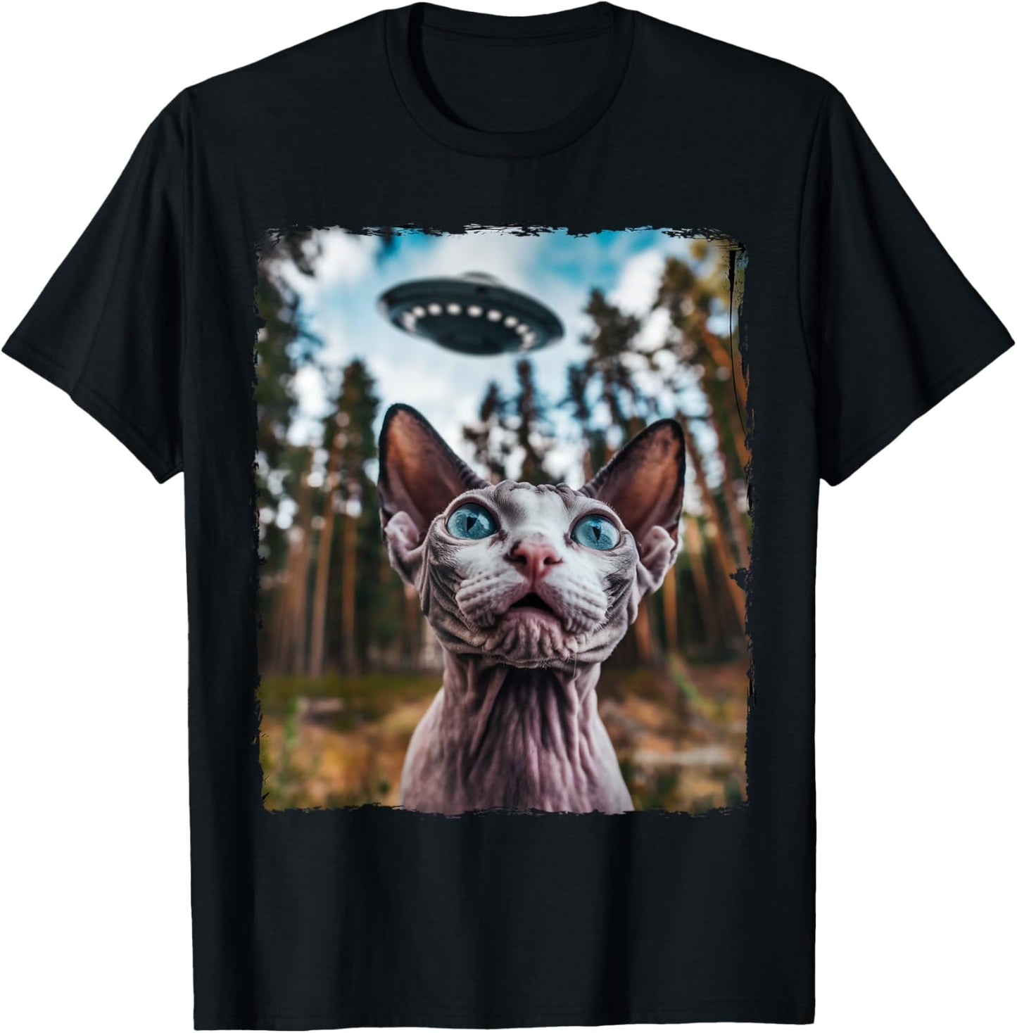 Sphynx Cat Selfie With Alien UFO Cat Gifts Women Kid T-Shirt - T-Shirt | Black