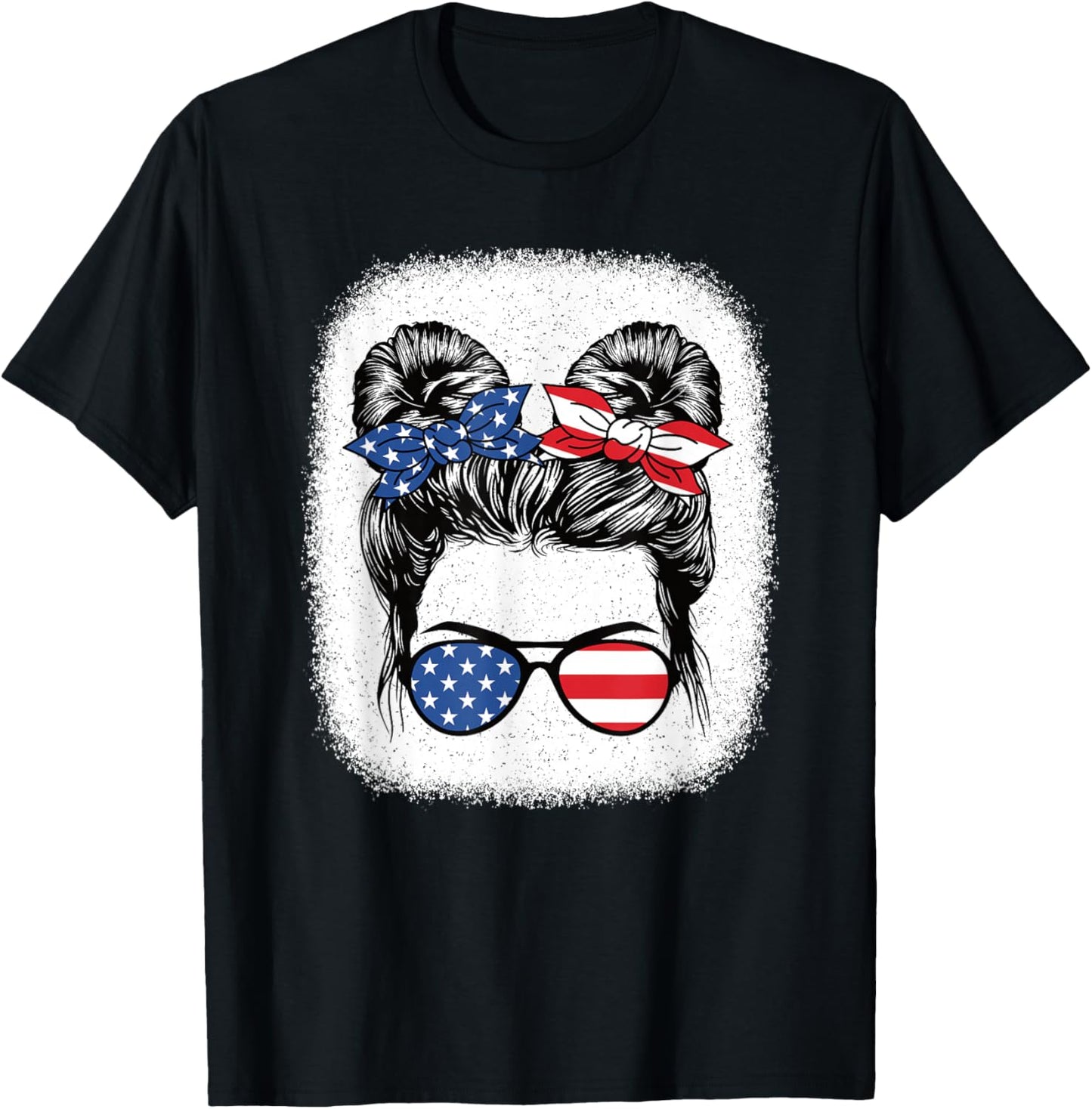 Cute 4th of July Messy Bun Girl American Flag Patriotic USA T-Shirt - T-Shirt | Black