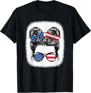 Cute 4th of July Messy Bun Girl American Flag Patriotic USA T-Shirt - T-Shirt | Black