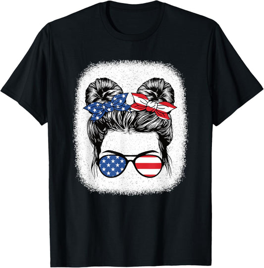 Cute 4th of July Messy Bun Girl American Flag Patriotic USA T-Shirt - T-Shirt | Black
