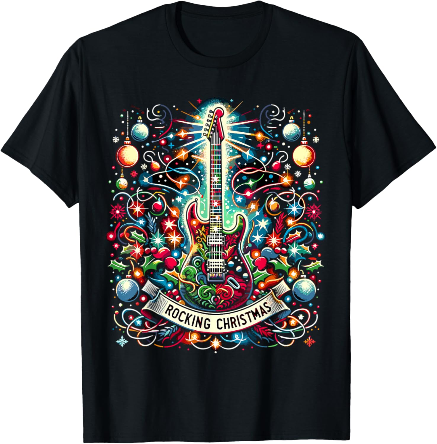 The Rocking Christmas Christmas Rock Guitar Santa T-Shirt - T-Shirt | Black