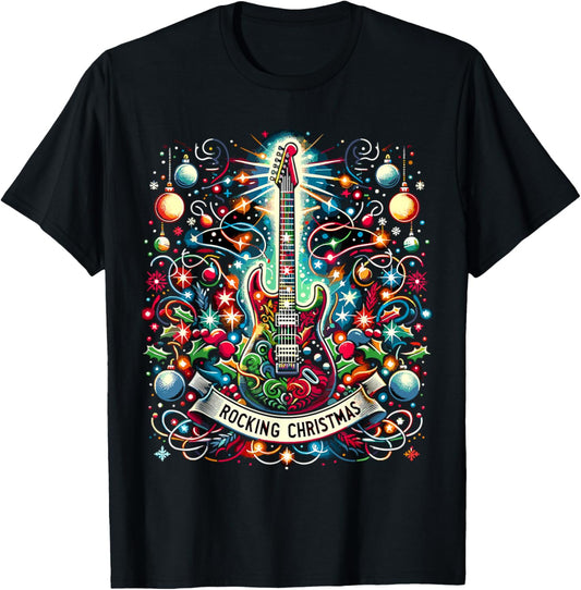 The Rocking Christmas Christmas Rock Guitar Santa T-Shirt - T-Shirt | Black