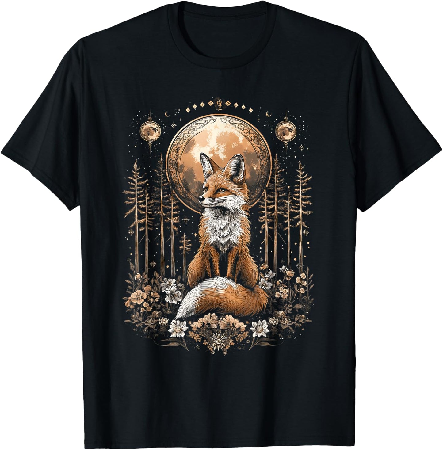Mystic Moon and Moonphase Fox Mystical Flowers Aesthetic T-Shirt - T-Shirt | Black