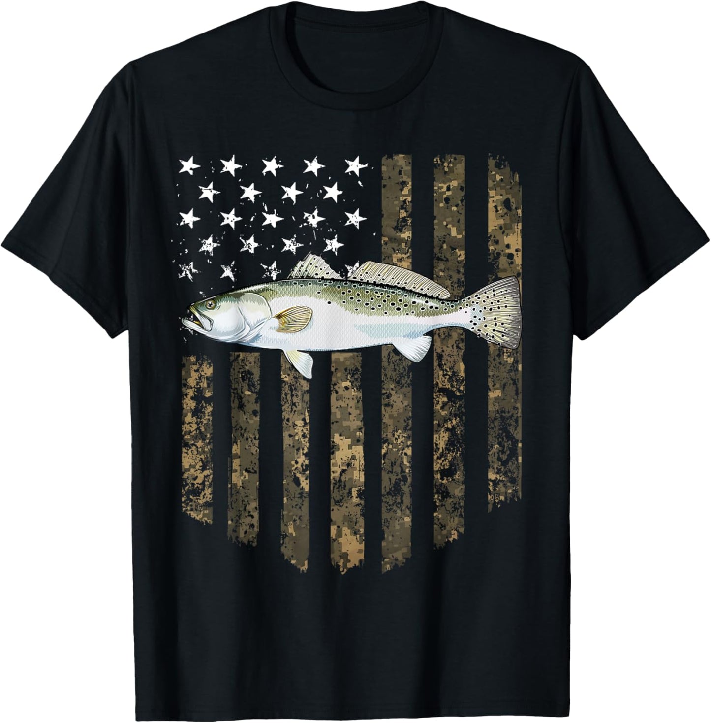 Camo American Flag Speckled Trout Fishing 4th Of July Men T-Shirt - T-Shirt | Black