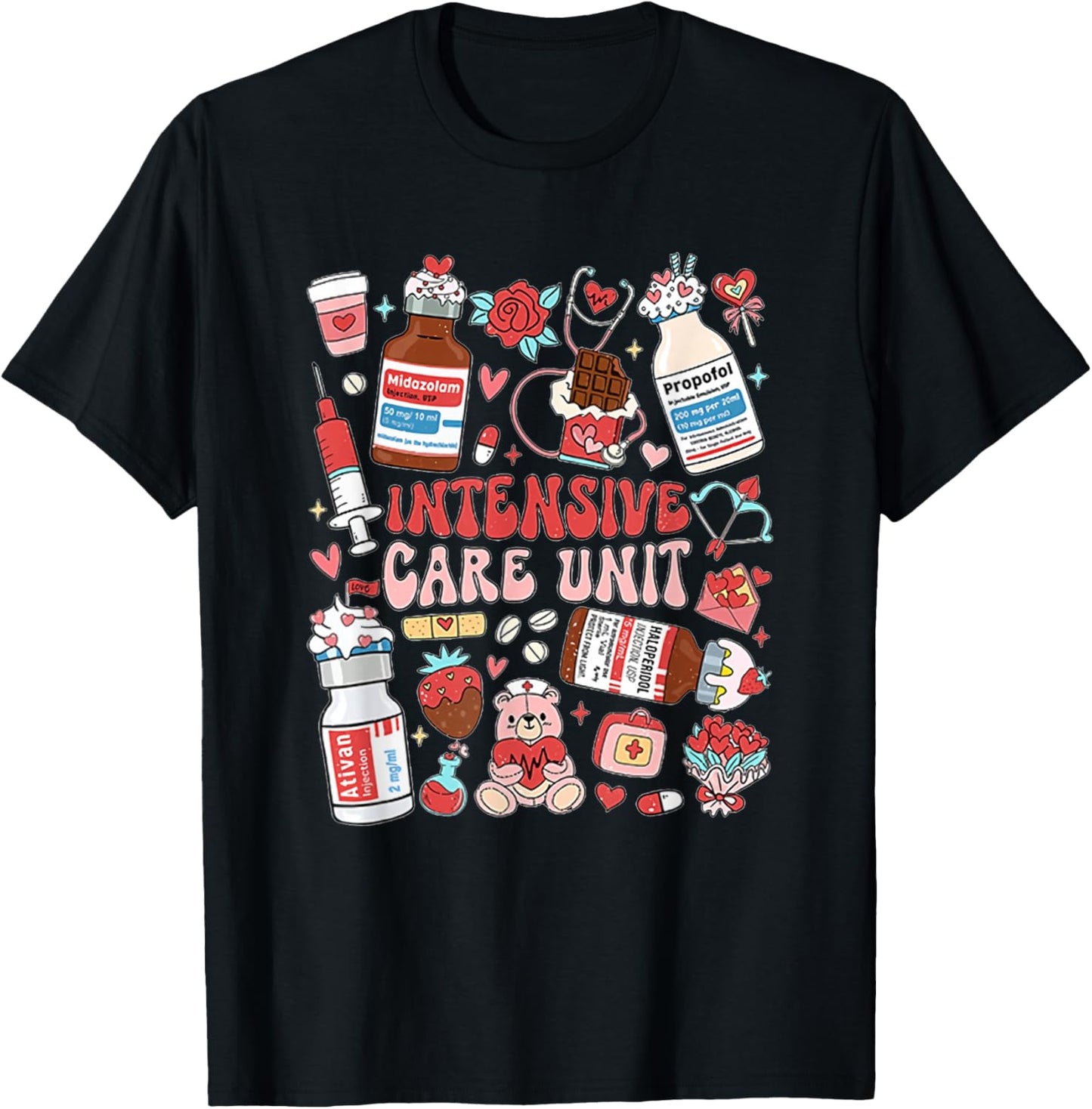 Retro Intensive Care Unit Nurse Tech Valentine ICU Nurse T-Shirt - T-Shirt | Black