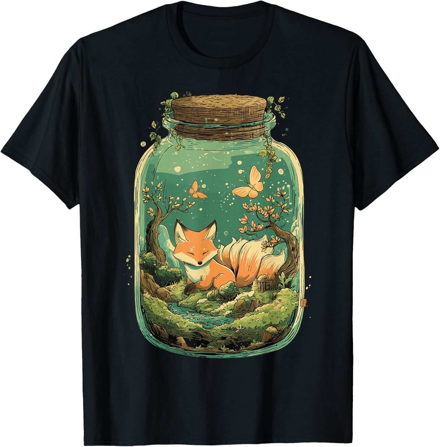 Magical Kitsune Nine-Tailed Fox Kawaii Terrarium Art T-Shirt - T-Shirt | Black