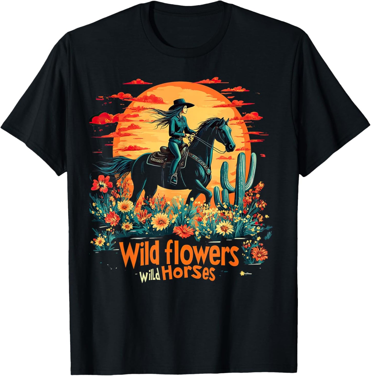 Sunset Cowgirl Riding Horse Wild Flowers Wild Horses T-Shirt - T-Shirt | Black