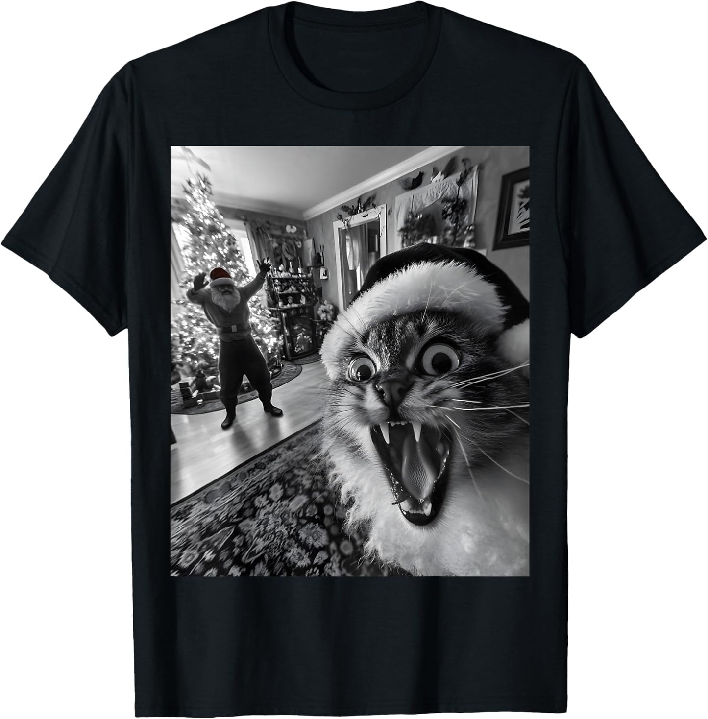 Funny Cat Selfie With Santa Christmas Men Women T-Shirt - T-Shirt | Black