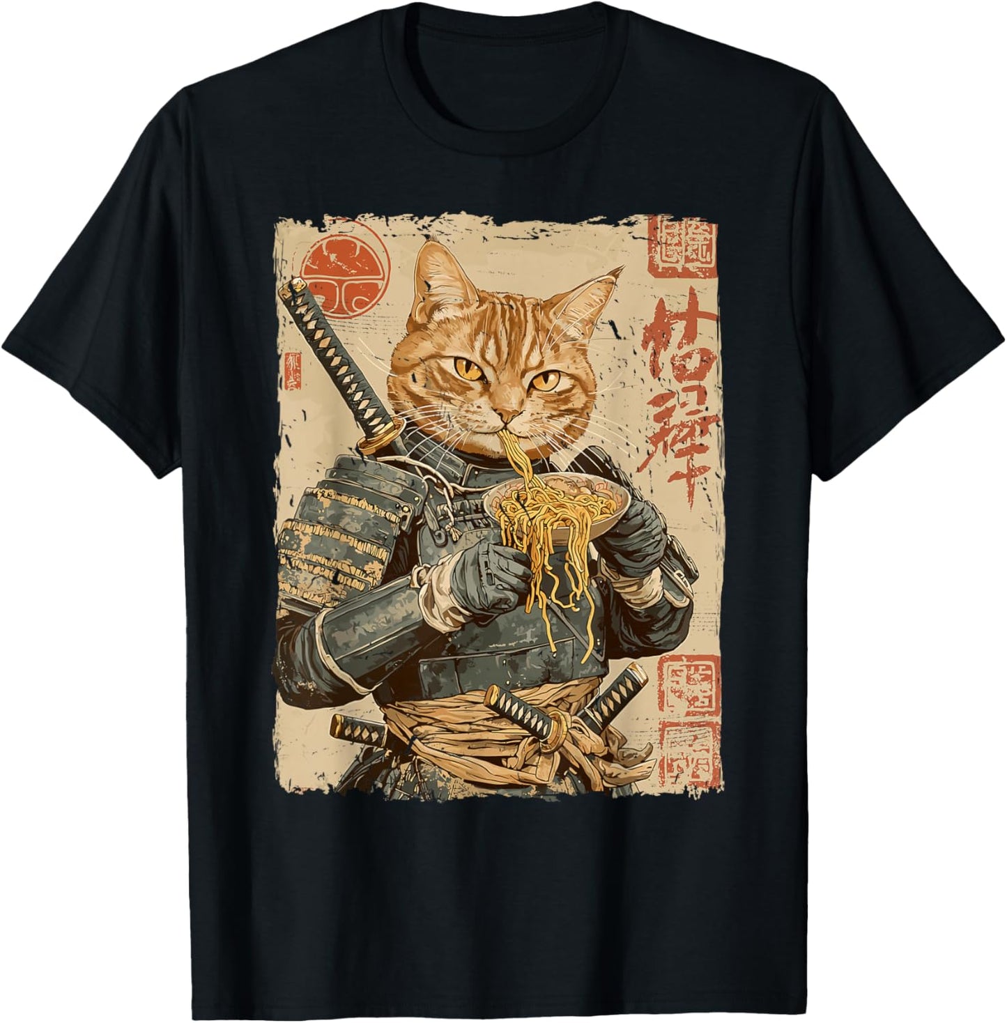 Samurai Cat Loves Ramen Funny Anime Japanese Artwork Samurai T-Shirt - T-Shirt | Black