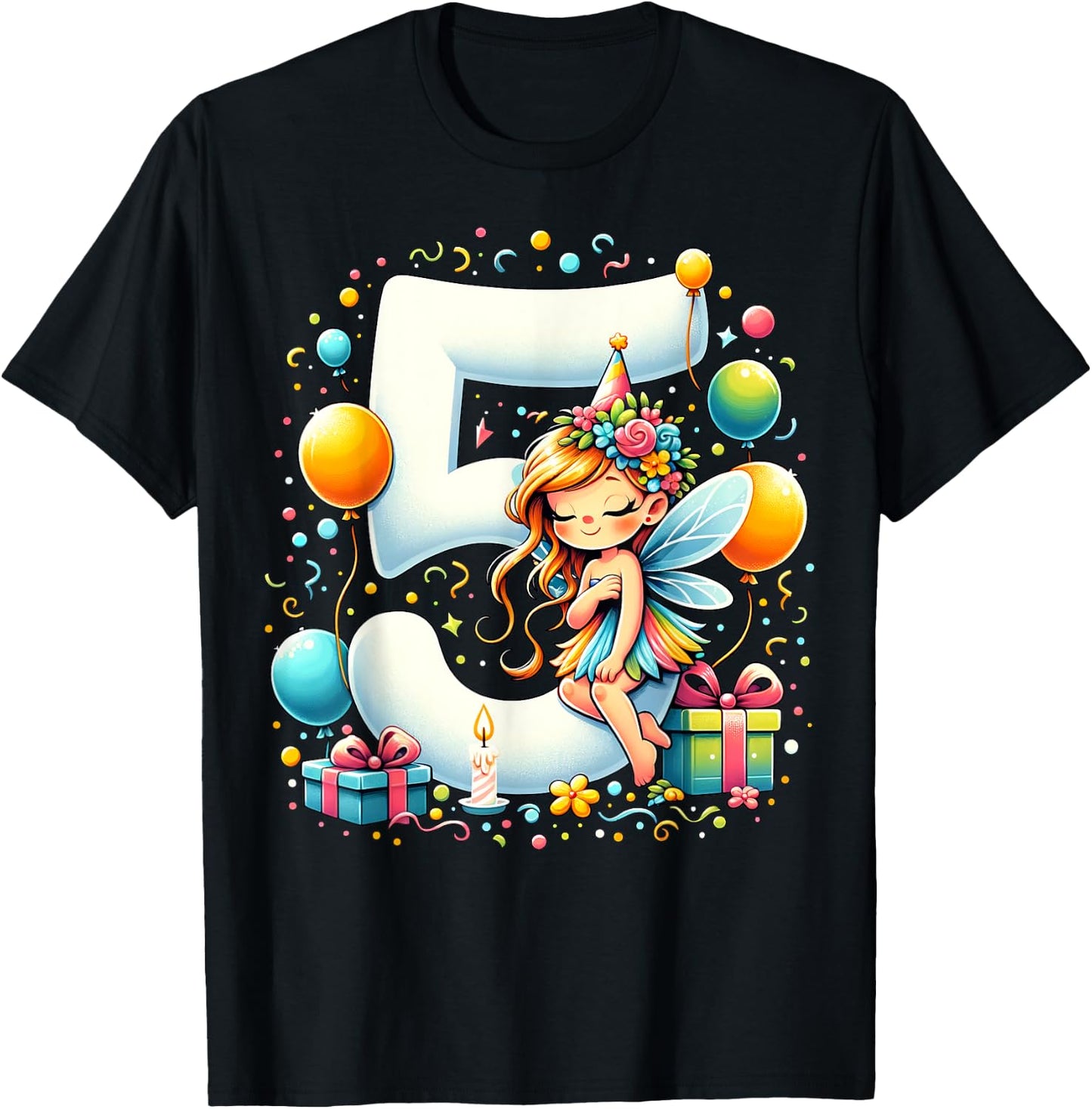 Kids Fairy Theme fifth Bday Party 5th Fairy Birthday T-Shirt - T-Shirt | Black
