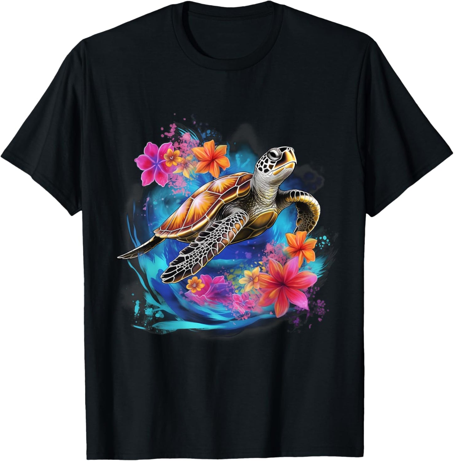 Sea Turtle Hawaiian Hibiscus Flowers Surfer Scuba Diving T-Shirt - T-Shirt | Black
