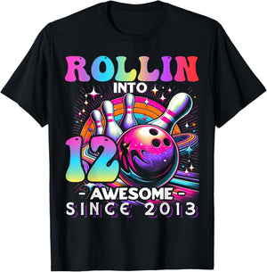 Bowling Party Rollin' 12 Awesome 2013 12th Birthday Girls T-Shirt - T-Shirt | Black