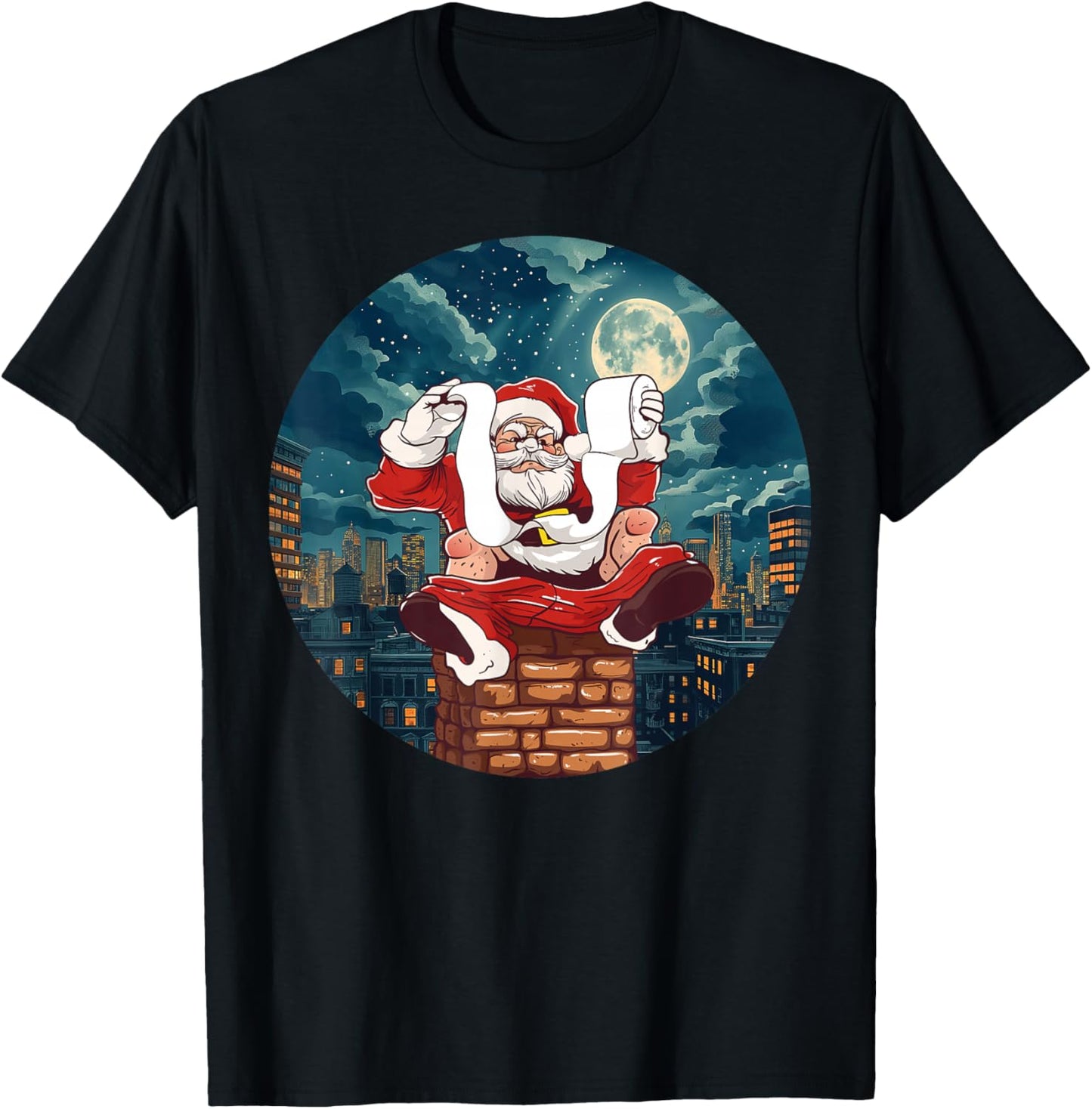 Funny Santa Claus sitting on Chimney with toilet Paper T-Shirt - T-Shirt | Black
