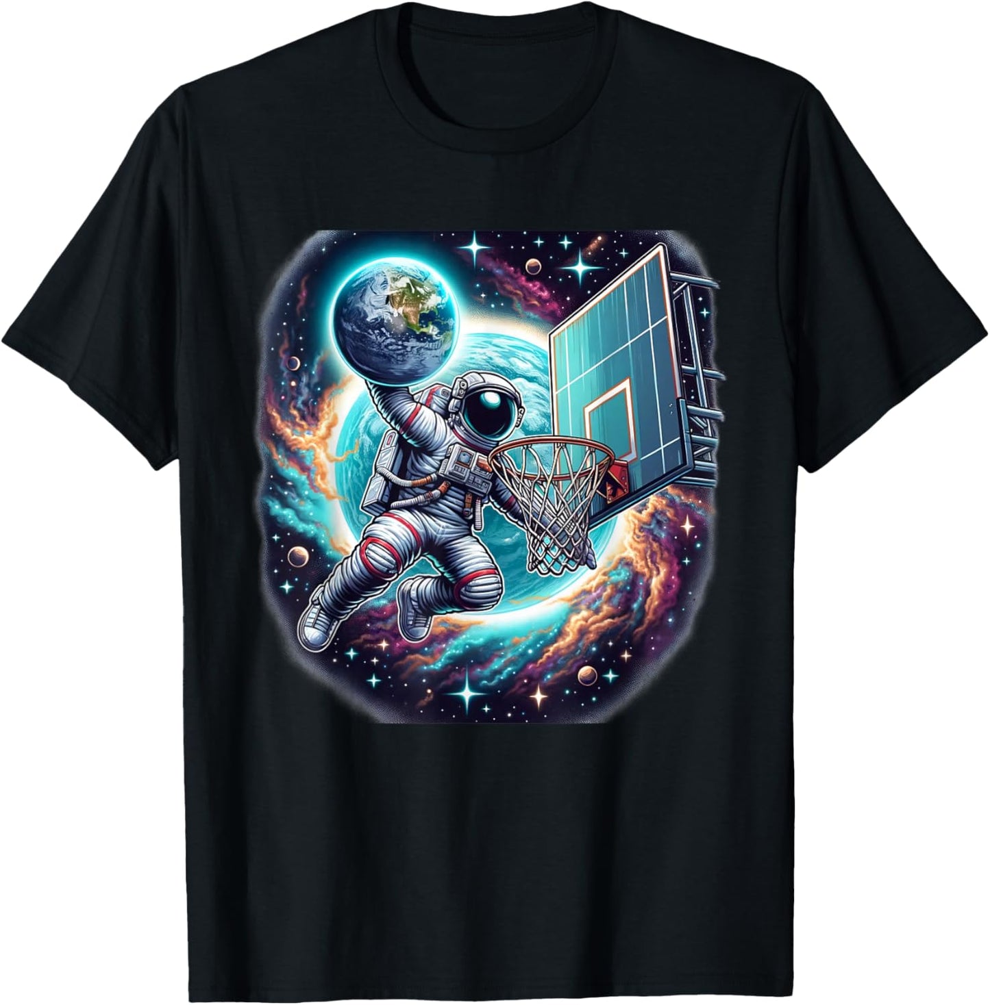 Astronaut Slam Dunking Planet Earth Basketball Lover T-Shirt - T-Shirt | Black
