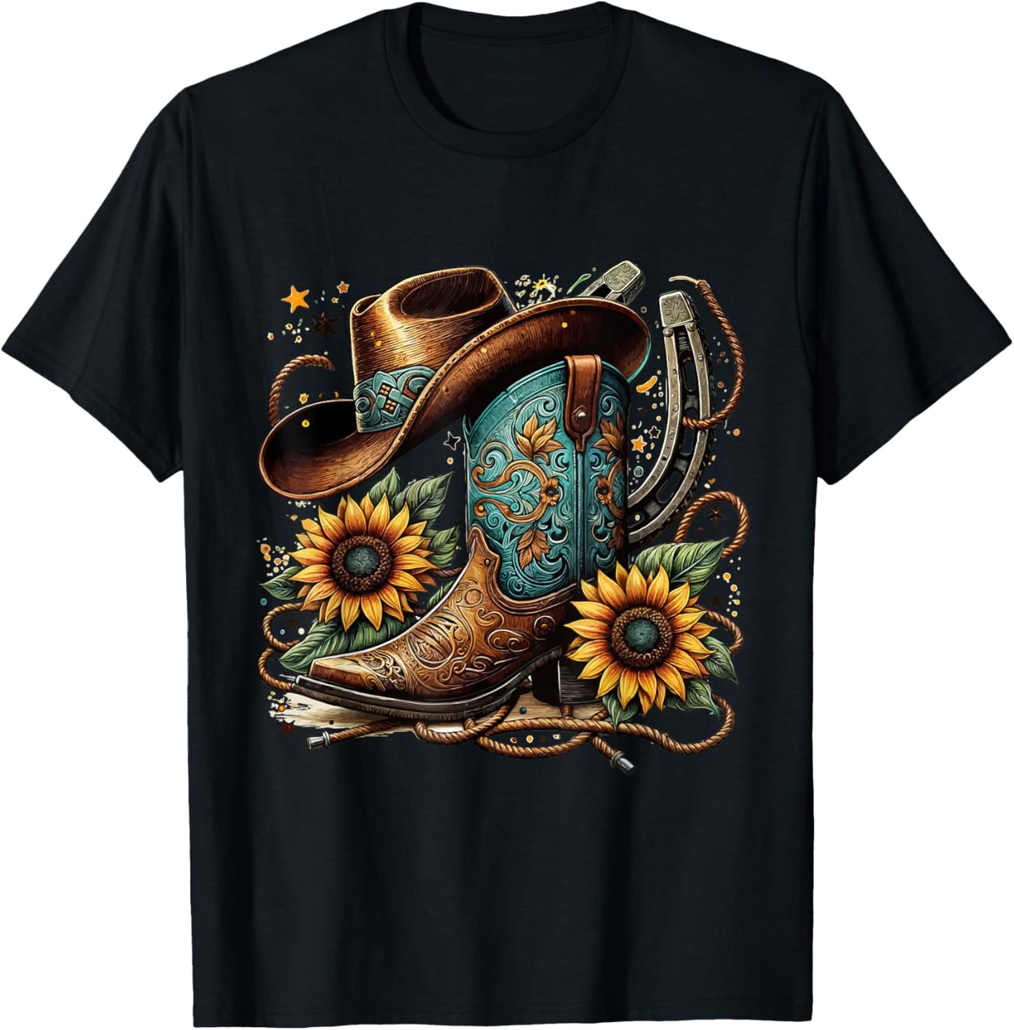 Western Cowboy Boot Horseshoe Sunflower Rope Cowgirl Boot , Small, Black T-Shirt - T-Shirt | Black