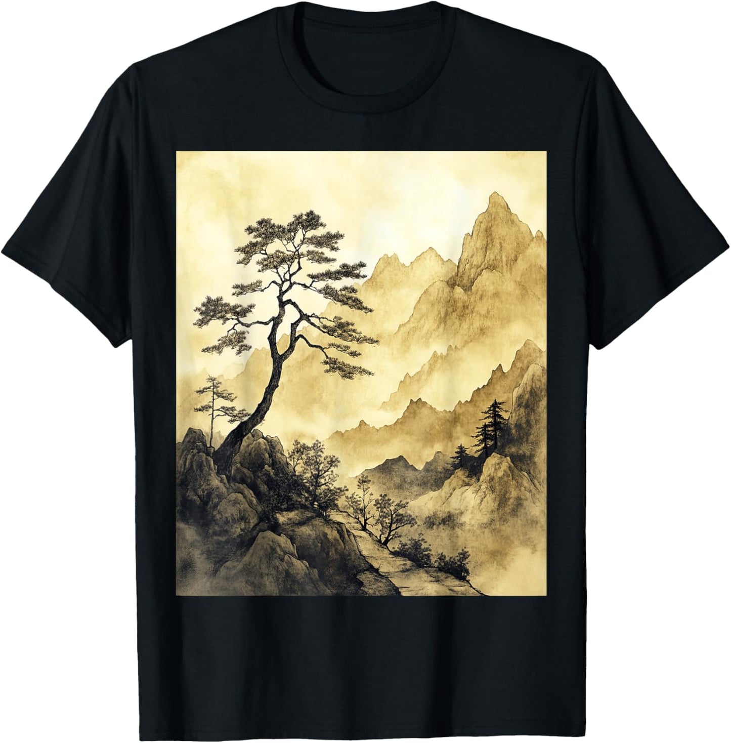 Serene Traditional Chinese Landscape Art T-Shirt - T-Shirt | Black