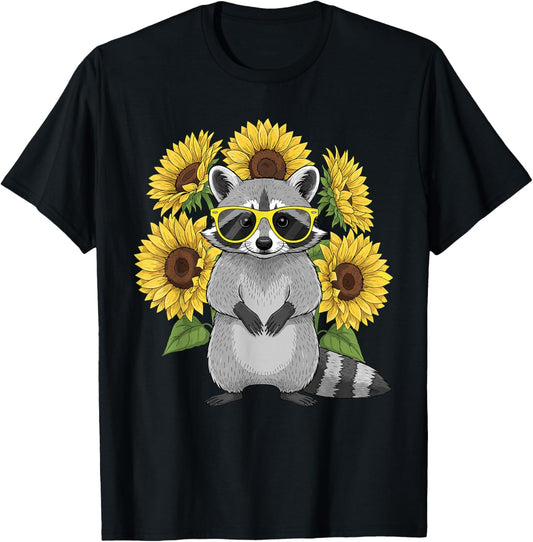 Cute Raccoon with Sunglasses and Sunflowers Women T-Shirt - T-Shirt | Black