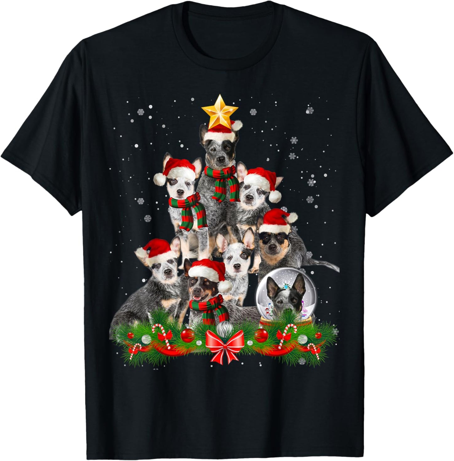 Funny Australian Cattle Dog Dog Christmas Tree - Black Adults Cotton Polyester Blend - Christmas, Halloween, Father's Day, Valentine's Day T-Shirt - T-Shirt | Black