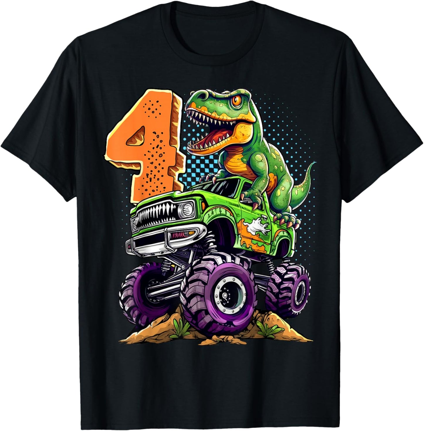 Monster Truck Dinosaur T-Rex 4th Birthday Boy 4 Year Old T-Shirt - T-Shirt | Black