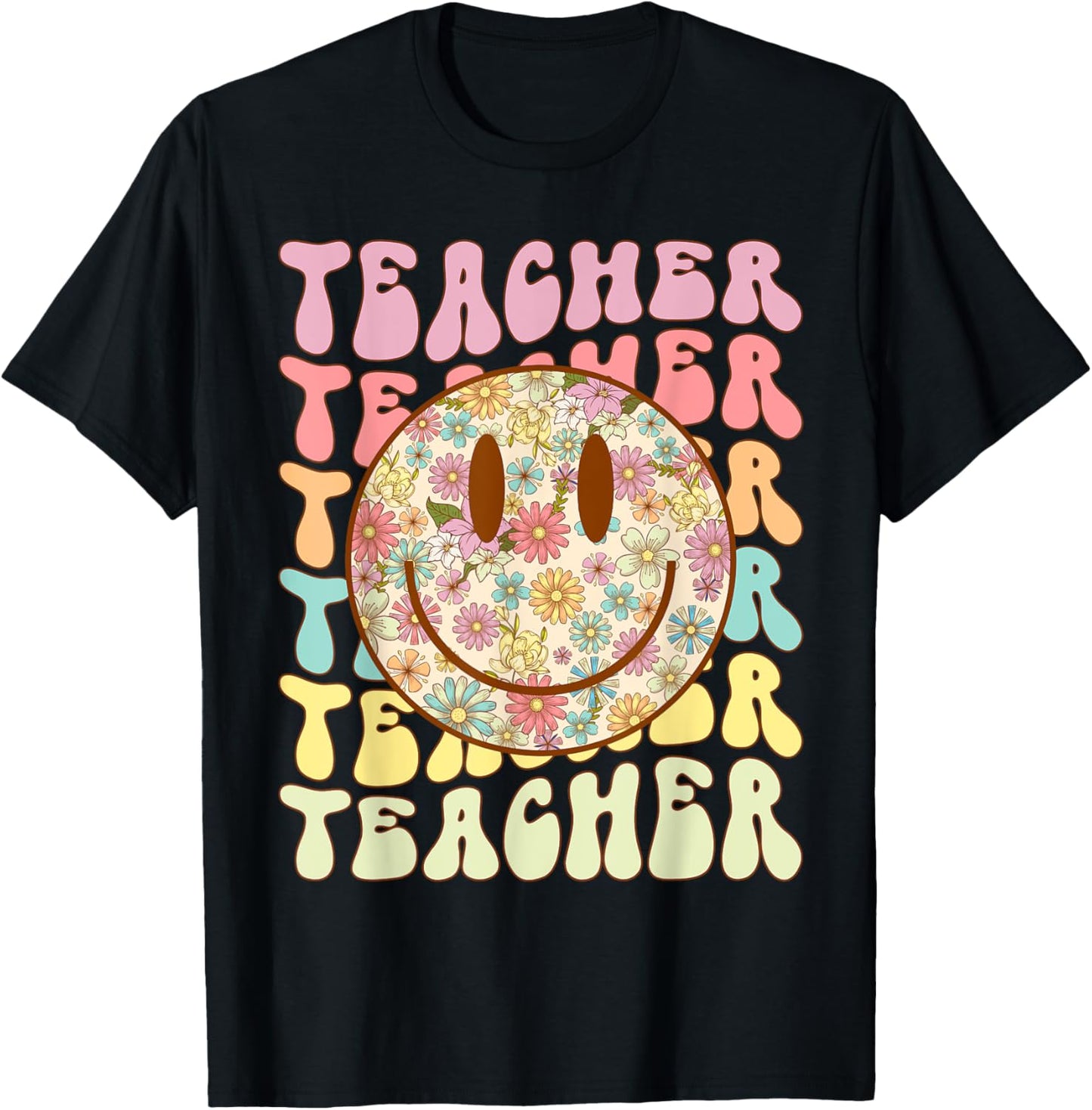 Groovy Retro Teacher Floral Smile Face Back To School T-Shirt - T-Shirt | Black