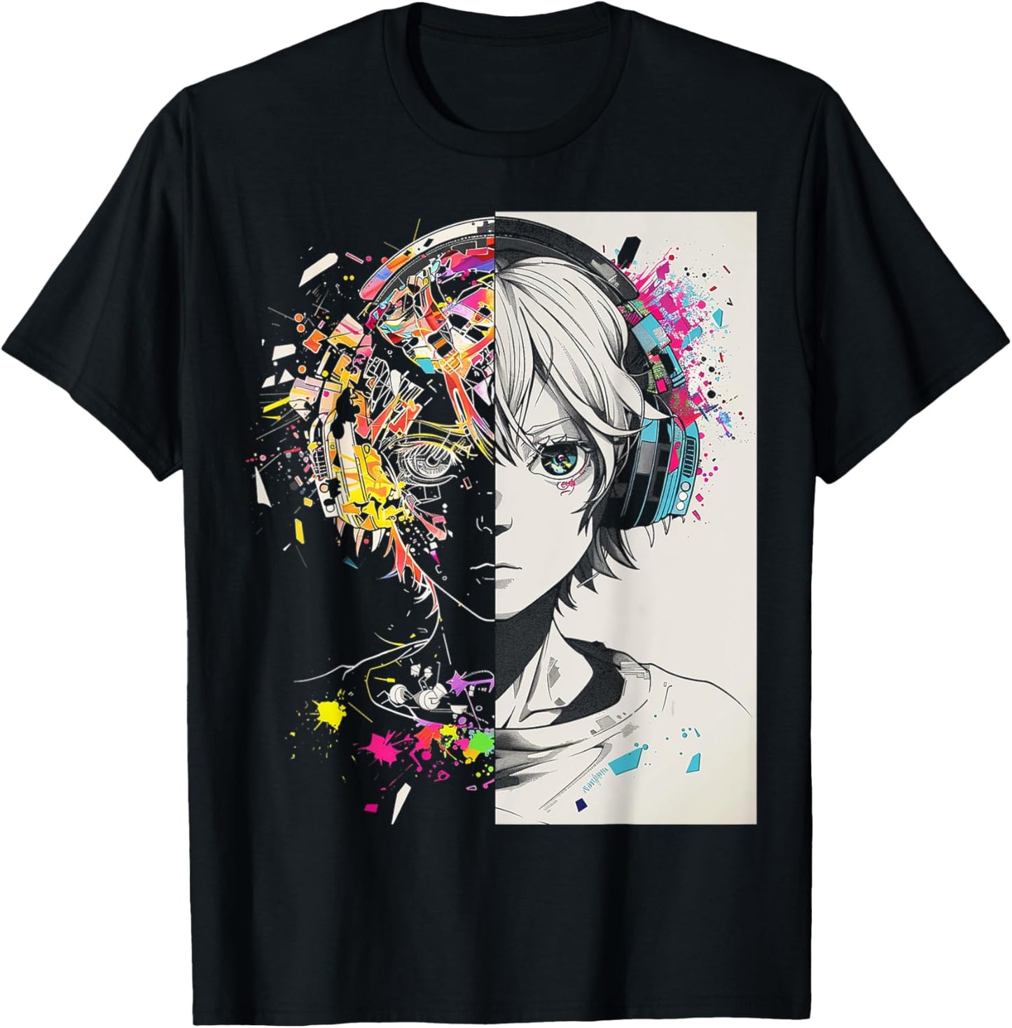 Anime Manga Motif Headphone Artwork Anime T-Shirt - T-Shirt | Black