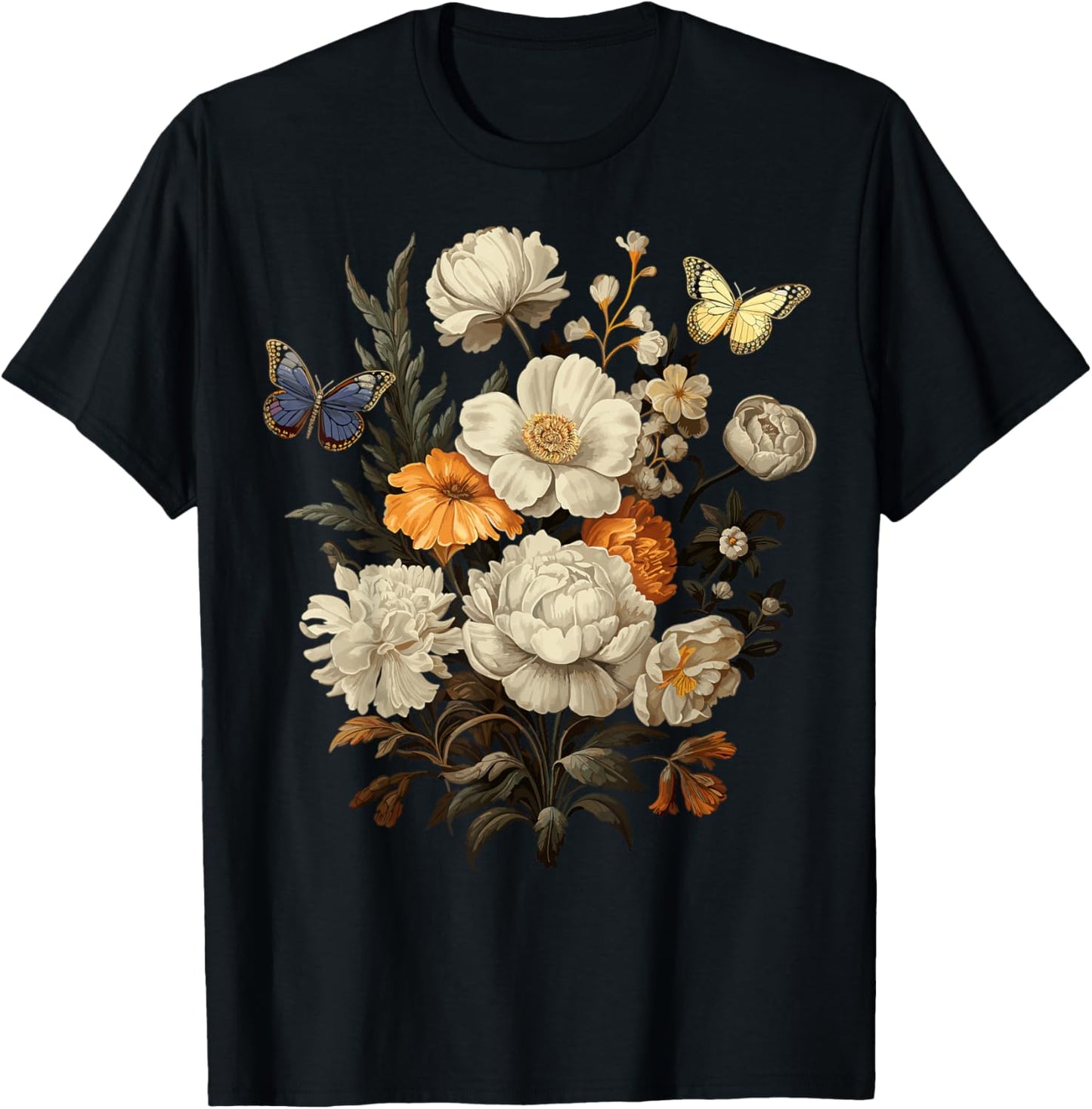 Vintage Pressed Flowers Butterflies Floral Boho Wildflowers T-Shirt - T-Shirt | Black
