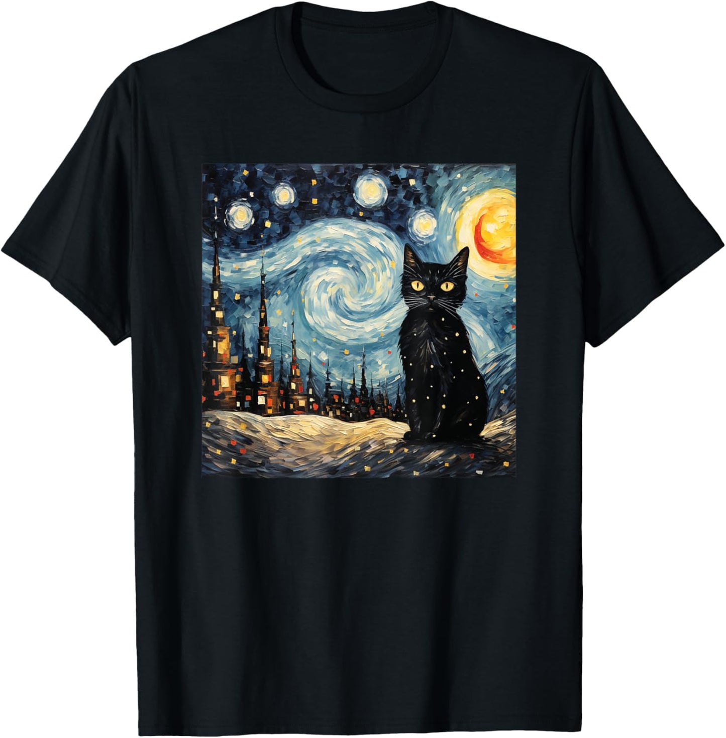 black cat Painting art Starry Night kitty kitten Van Gogh T-Shirt - T-Shirt | Black