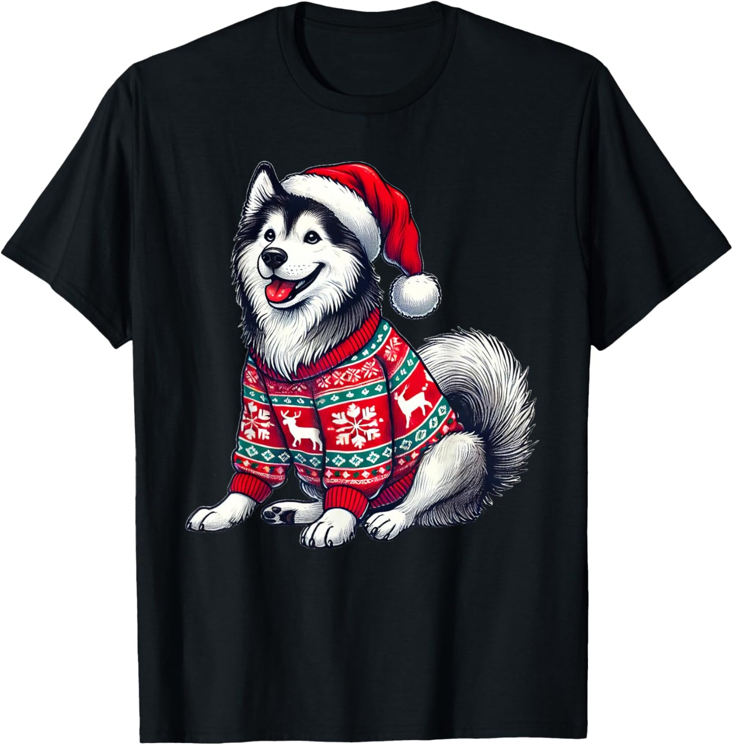 Siberian Husky Dog Ugly Sweater Santa Hat Christmas T-Shirt - T-Shirt | Black
