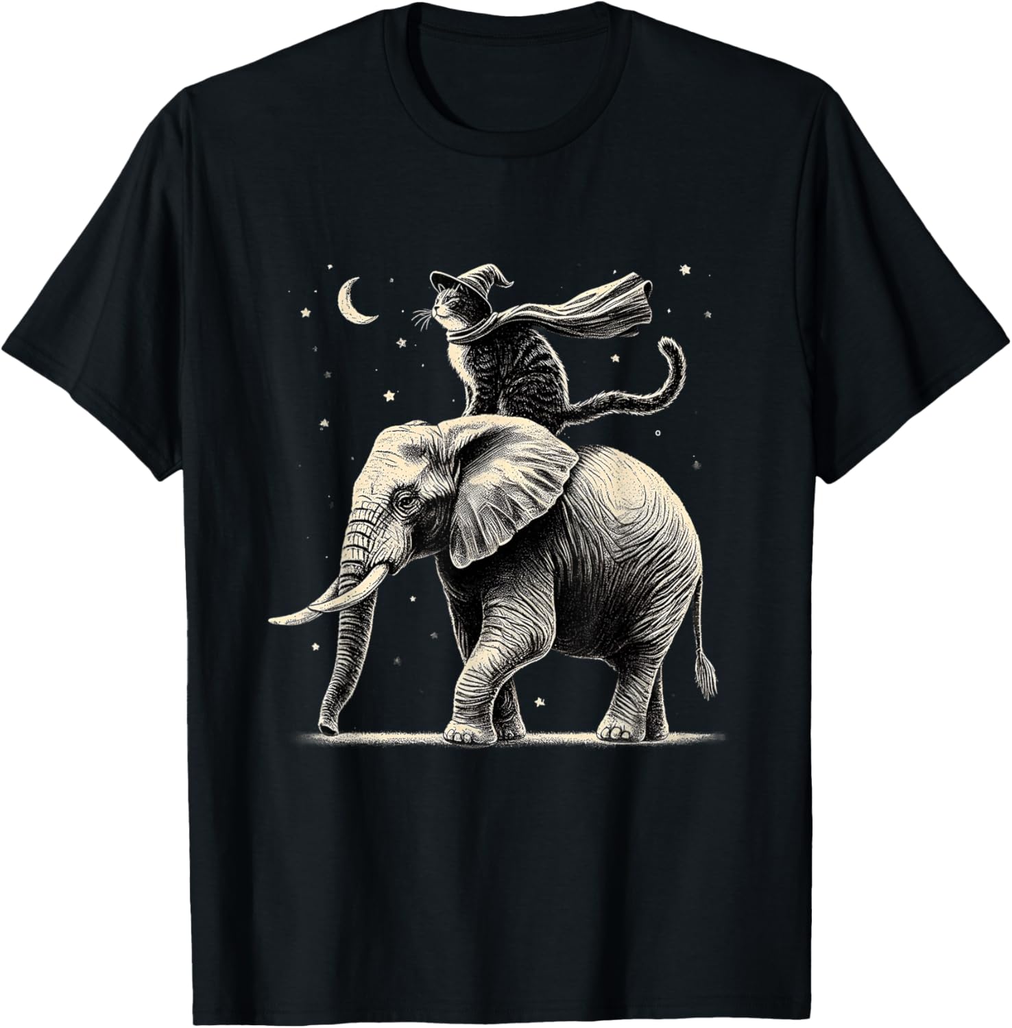 Cat Riding Elephant Design Animal Elephant Lovers T-Shirt - T-Shirt | Black