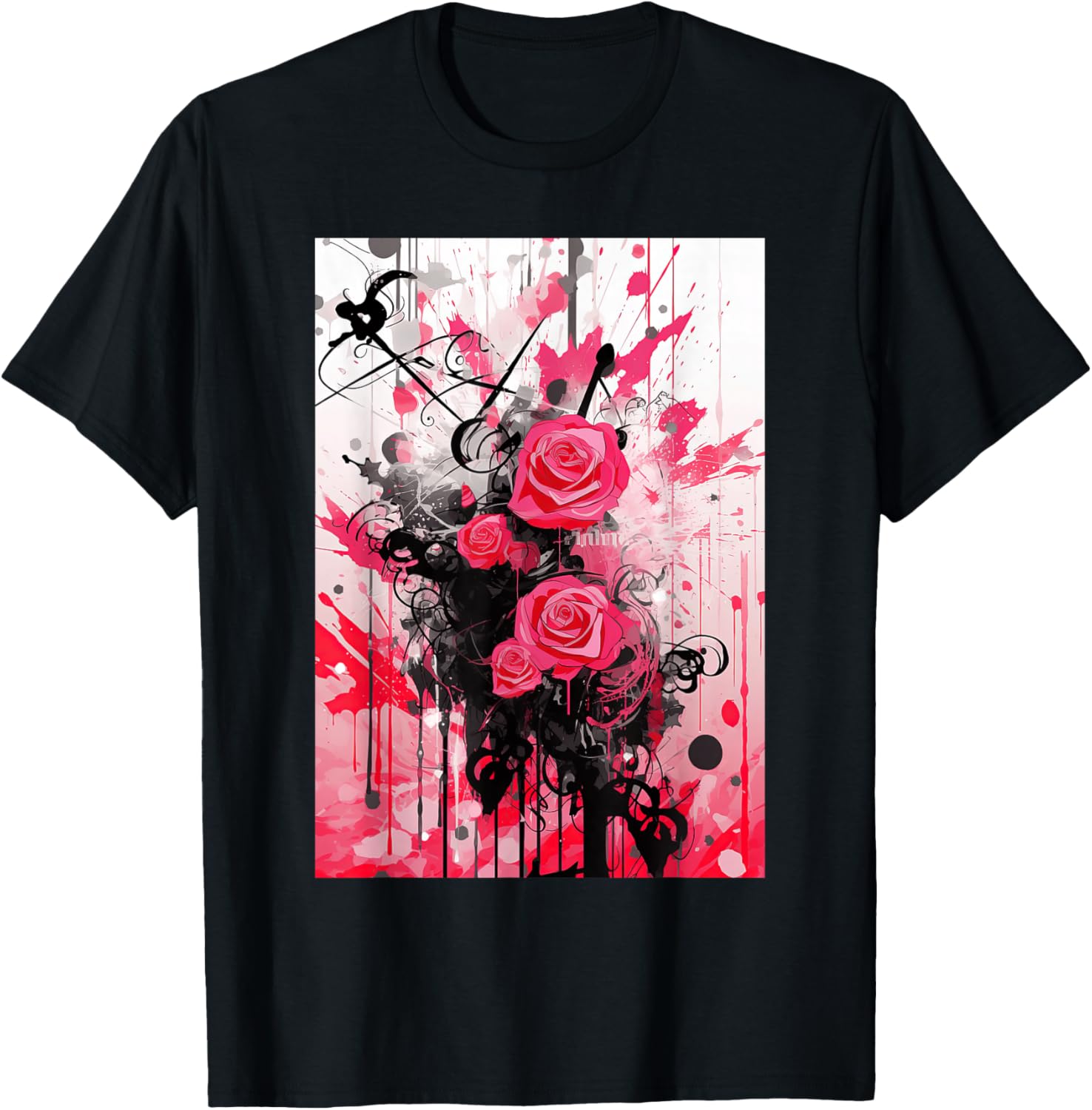 Frutiger Metro: Pink Roses Stars Hearts Paper T-Shirt - T-Shirt | Black