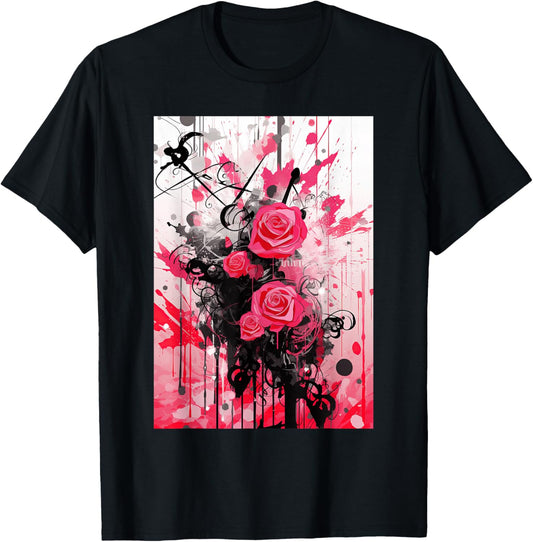 Frutiger Metro: Pink Roses Stars Hearts Paper T-Shirt - T-Shirt | Black