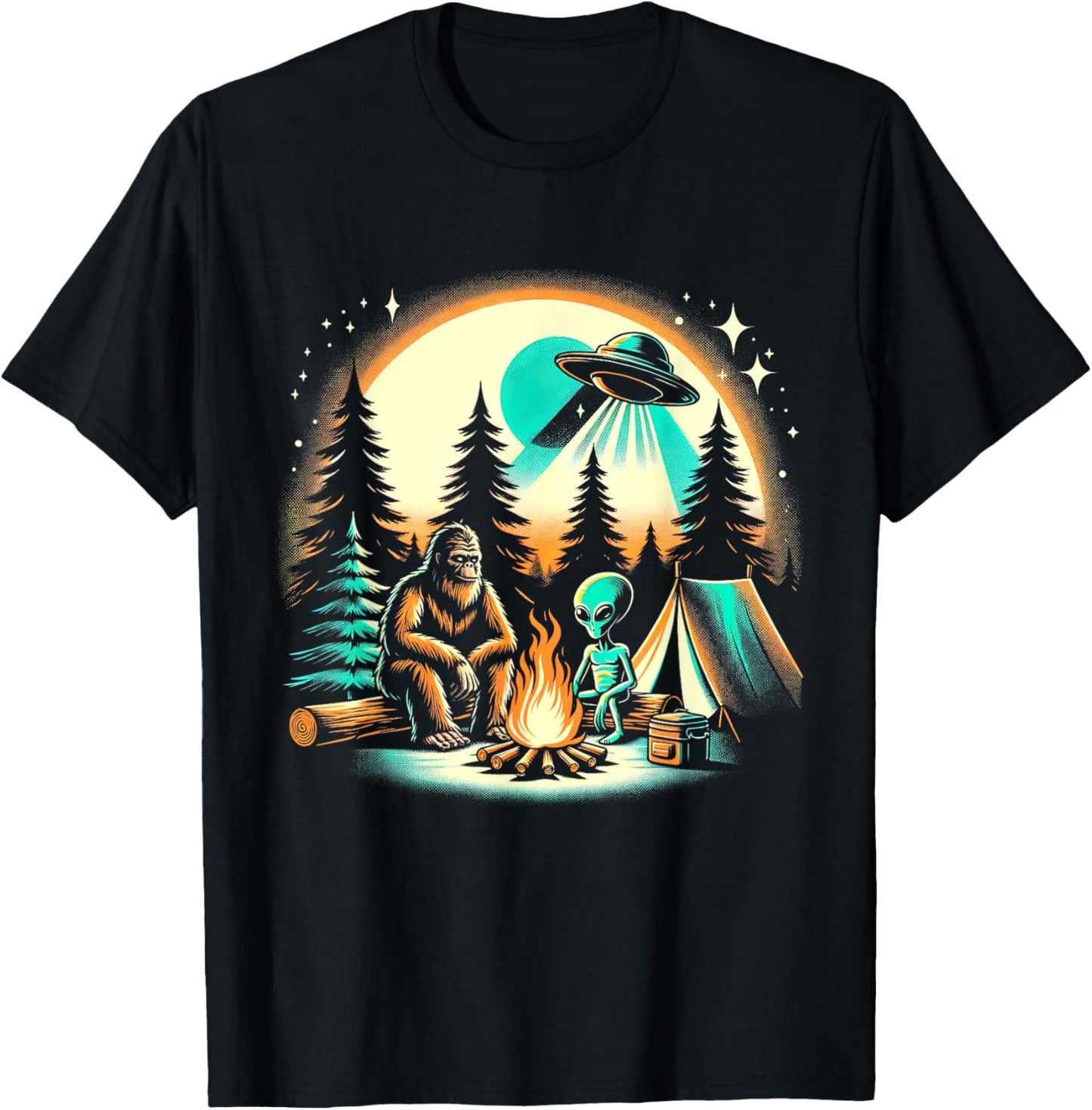 Funny Bigfoot & Alien UFO Camping Outdoor Adventures Hiking T-Shirt - T-Shirt | Black