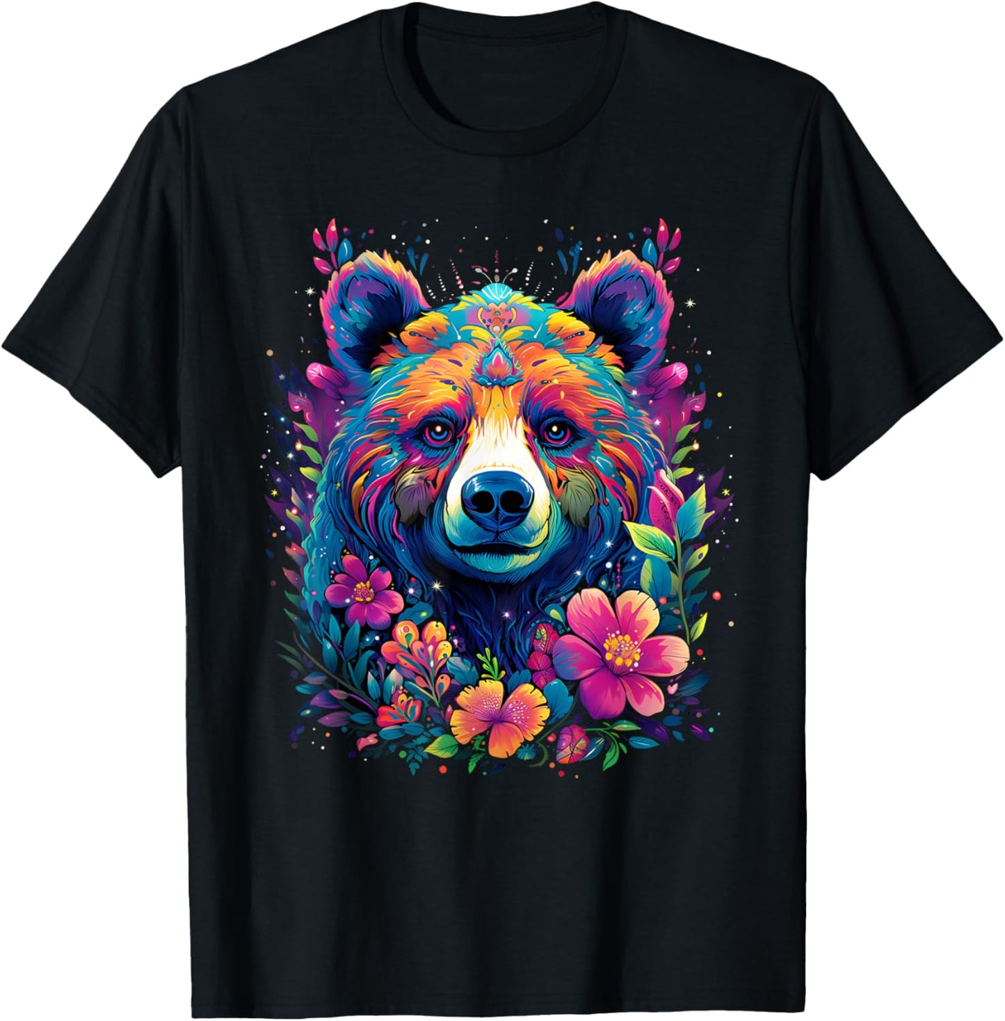 Flower Bear Colorful Rainbow Vibrant Graphic T-Shirt - T-Shirt | Black
