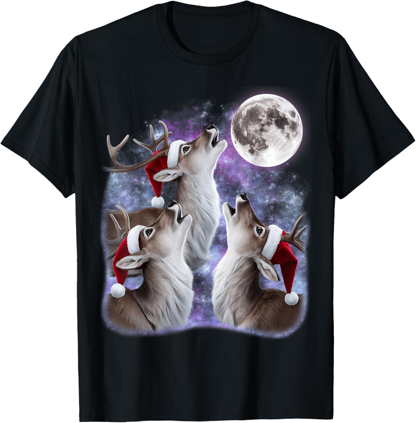3 Deer Howling At The Moon Santa Hat Meme Funny Deer Lovers T-Shirt - T-Shirt | Black