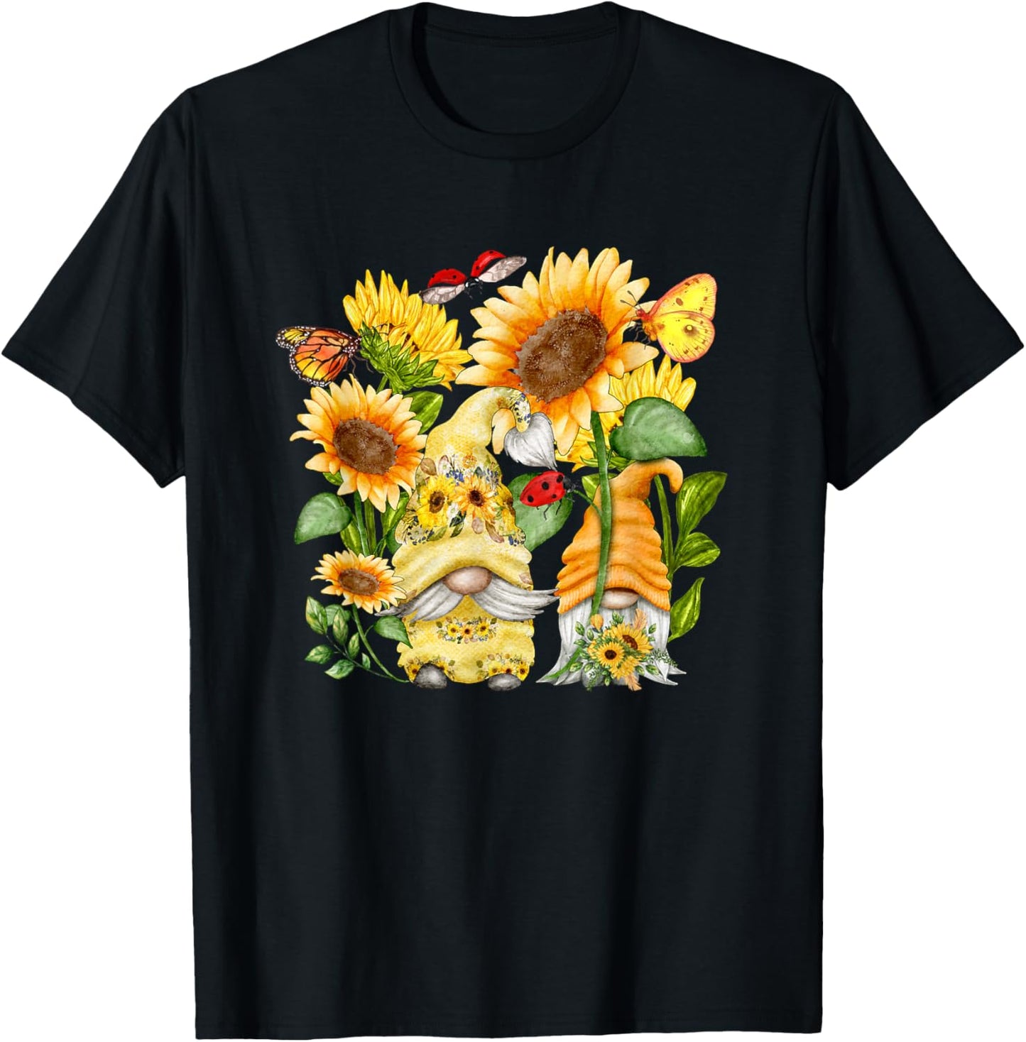 Sunflower Gnome Butterfly & Ladybug Floral Flower T-Shirt - T-Shirt | Black