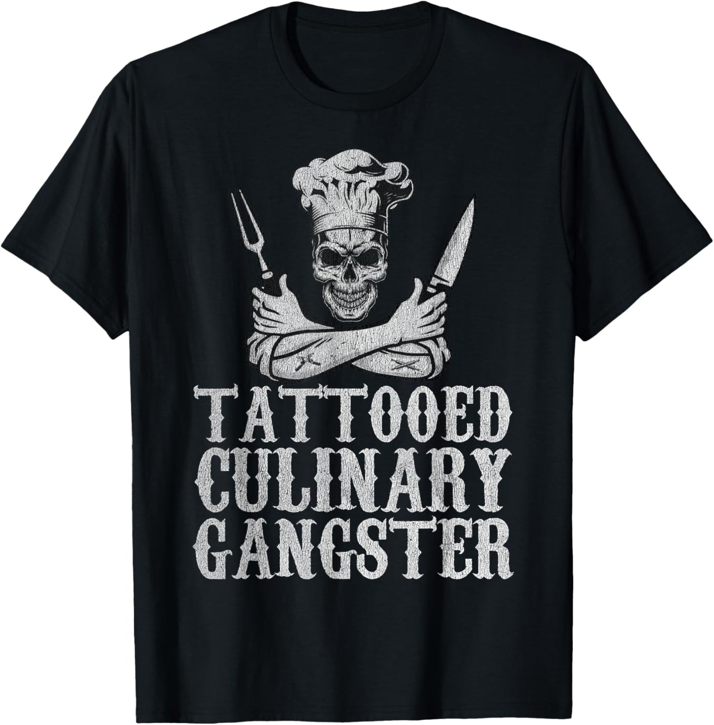 Vintage Tattooed Culinary Gangster Pro Cooking Chef Skull T-Shirt - T-Shirt | Black