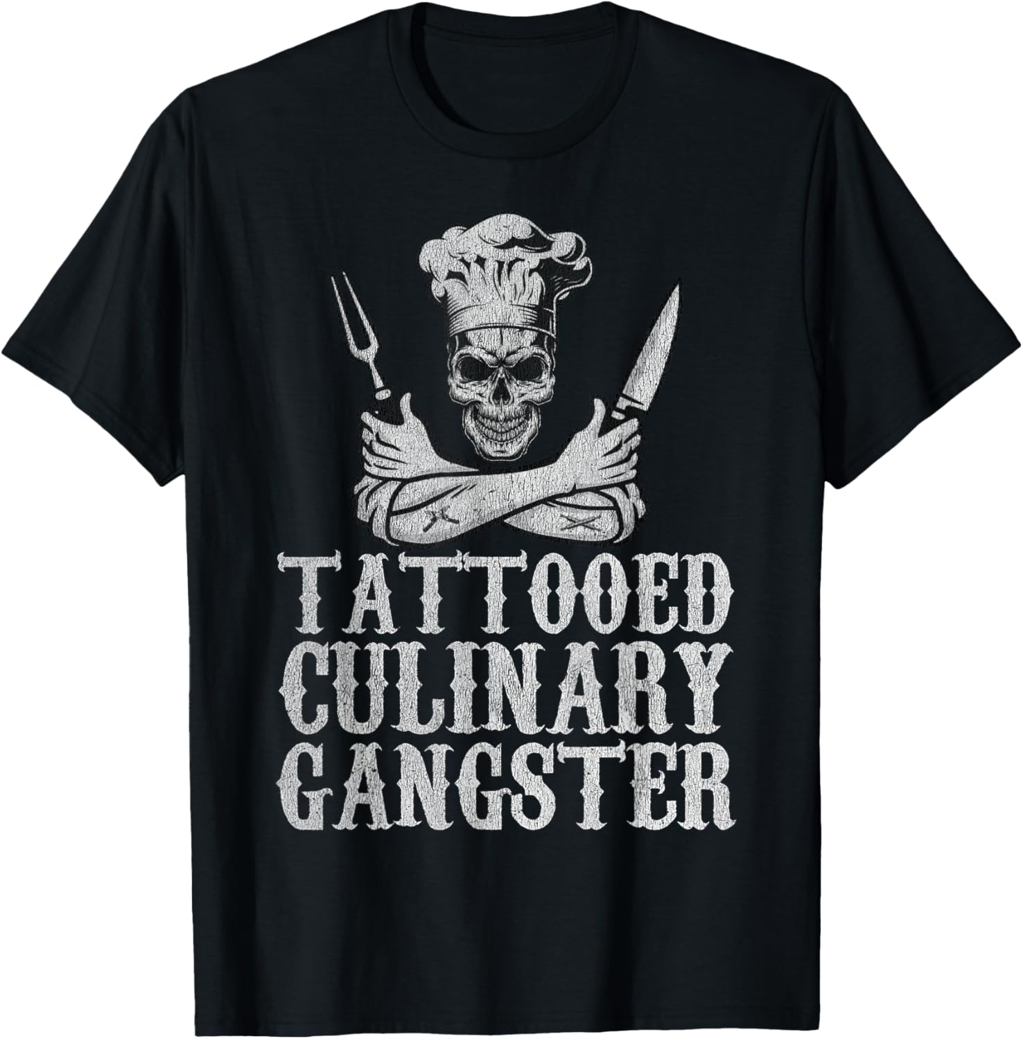 Vintage Tattooed Culinary Gangster Pro Cooking Chef Skull T-Shirt - T-Shirt | Black