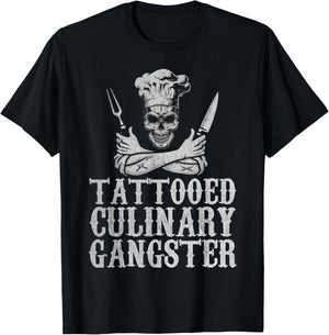 Vintage Tattooed Culinary Gangster Pro Cooking Chef Skull T-Shirt - T-Shirt | Black
