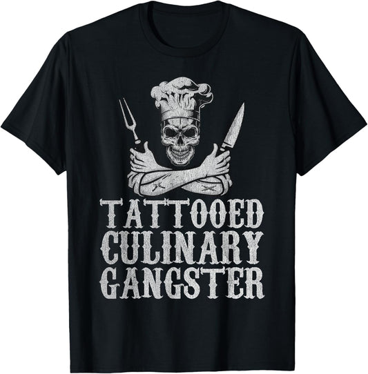 Vintage Tattooed Culinary Gangster Pro Cooking Chef Skull T-Shirt - T-Shirt | Black