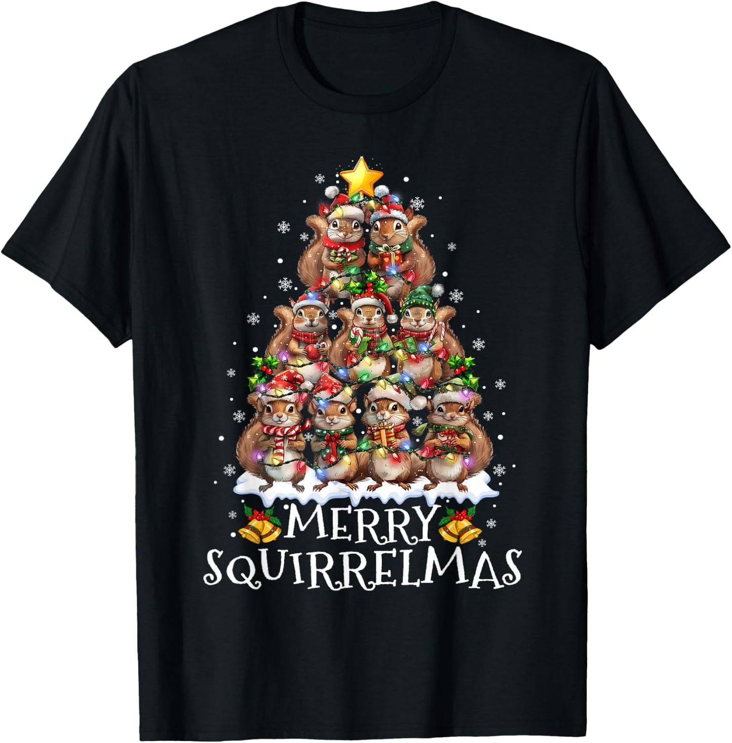 Squirrel Christmas Tree Lights Merry Squirrelmas Santa Xmas T-Shirt - T-Shirt | Black