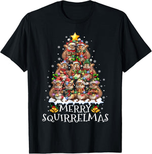 Squirrel Christmas Tree Lights Merry Squirrelmas Santa Xmas T-Shirt - T-Shirt | Black